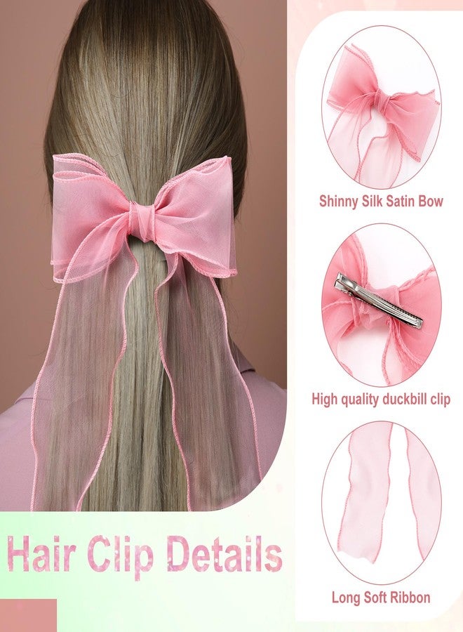 STSTR 2pcs Large Hair Bow Clips, Pink Red Silk Yarn Ribbon Bow Hair Barrette for Women, Elegant Long Tail Bowknot French Hair Accessories for Wedding, Parties, Festivals - Image 4